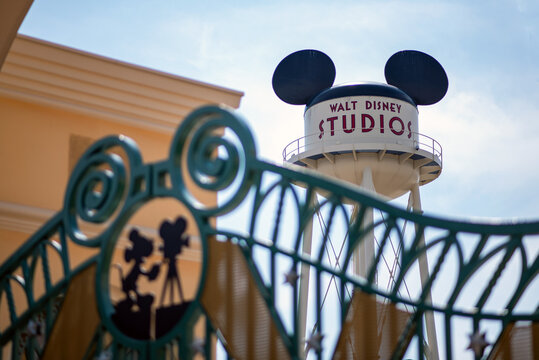 Tower with the ears of Mickey Mouse inside the Disneylad Paris Park. August 28, 2019, Paris, France