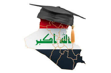 Education in Iraq concept. Iraqi map with graduate cap, 3D rendering