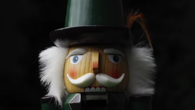 Closeup Of A Wooden Nutcracker Face, Festive Christmas Decoration Statue