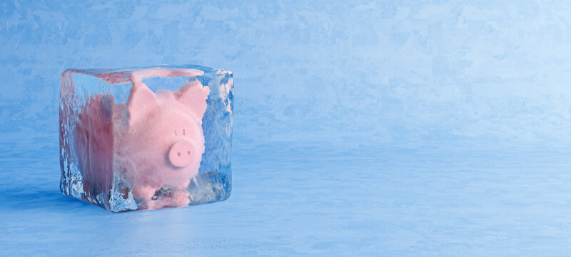 Pink piggy bank frozen in ice cube, frozen account concept, cold blue ice background, 3D Render, 3D Illustration