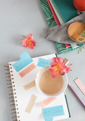 Empty spiral notebook full of multicolor reminder notes and a foamy coffee with a flower over it on a clean background.