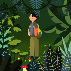 Mochilero explorando el bosque con plantas de fondo