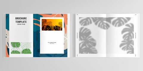 3d realistic vector layout of cover mockup design templates for A4 bifold brochure, flyer, cover design, book. Tropical palm leaves, shadow of tropical jungle leaves. Floral pattern backgrounds.