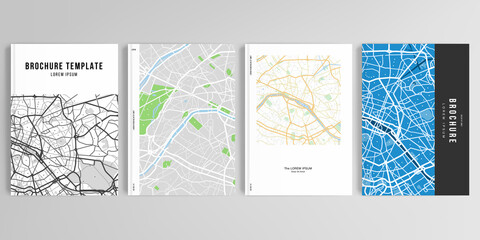 Realistic vector layouts of cover mockup design templates in A4 format with urban city map of Paris for brochure, cover design, flyer, book design, magazine, poster.