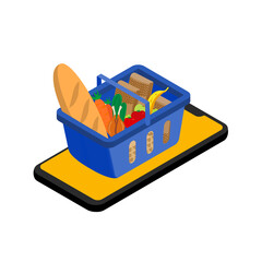 Grocery food basket. Online delivery mobile servise. Isometric illustration