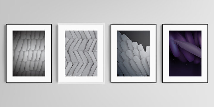 Realistic vector set of picture frames in A4 format isolated on gray background. Feathers, birds plumage in abstract style. Graphic pattern. Vector illustration design.