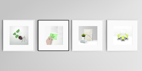 Fototapeta premium Realistic vector set of square picture frames isolated on gray background. Home office concept, study or freelance, working from home.