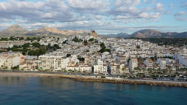 Aerial panoramic view of coastal Altea city and church of Virgin of Consol, Alicante, Spain