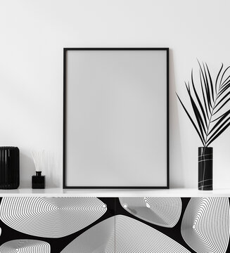 mock up blank poster frame in black and white modern interior with stylish decoration, frame in luxury and contemporary interior, 3d rendering