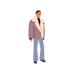 Young woman wearing trendy winter clothes. Flat illustration.