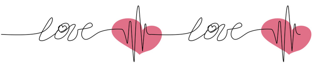 Seamless vector border pattern with Hearts and Love for Valentine's Day and other designs. Continuous line in trendy style. Horizontal narrow banner Romantic concept.  Vector illustration.