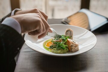A young and attractive man uses his tablet while eating turkey fillet roll and pea puree in an indoor restaurant
