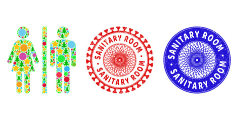 WC persons collage of New Year symbols, such as stars, fir trees, multicolored round items, and SANITARY ROOM unclean stamp seals. Vector SANITARY ROOM watermarks uses guilloche ornament,