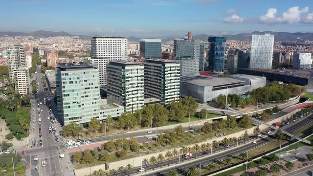 Aerial view of modern buildings in coastal areas of Diagonal mar in Barcelona, Spain