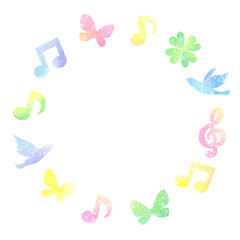 かわいい水彩テクスチャの円フレーム　音符　四つ葉　鳥　チョウ