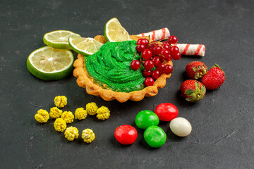 front view yummy creamy cake with fruits on grey background sweet tea dessert