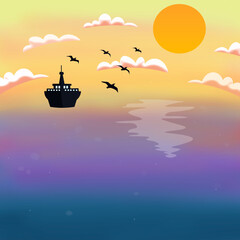 Silueta de barco y aves con amanecer en medio del mar