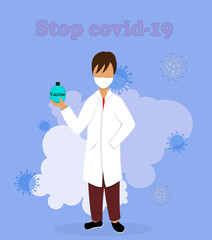 Stop covid-19. The doctor holds a vaccine against coronavirus infection in his hand. Recovery from infection. The superhero of our time. A man in a white coat with a vaccine in his hand. illust