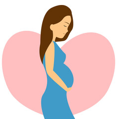 Pregnant girl. The girl carries a baby in her belly. Young happy girl expecting a baby. Background with hearts. illustration