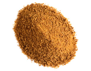 Closeup on a heap of Coconut Sugar. Top View. Isolated on White. Dehydrated Sap of the Coconut Palm Tree.