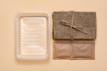 Set for growing microgreens. Container, linen rugs and seeds.