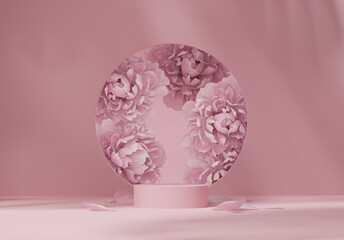 3D display podium pastel pink flower  background. Peony blossom, round copy space for woman. Nature minimal pedestal for beauty, cosmetic product presentation. Valentine, feminine template 3d render