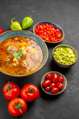 top view delicious meat soup with fresh vegetables on dark background dish photo meal
