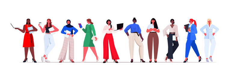 Fototapeta premium set mix race businesswomen in formal wear successful business women standing pose leadership best boss concept female office workers collection full length horizontal vector illustration