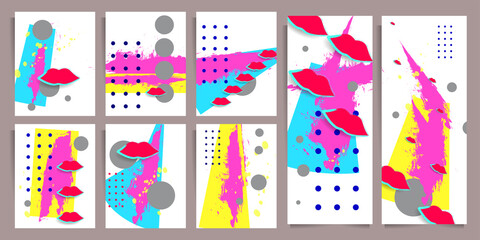 Bright colored Set cards collage in a Zine Culture style and Pop art style with cartoon lips college style. Funny Giraffe with a poster, t-shirt composition, hand drawn style print. Vector