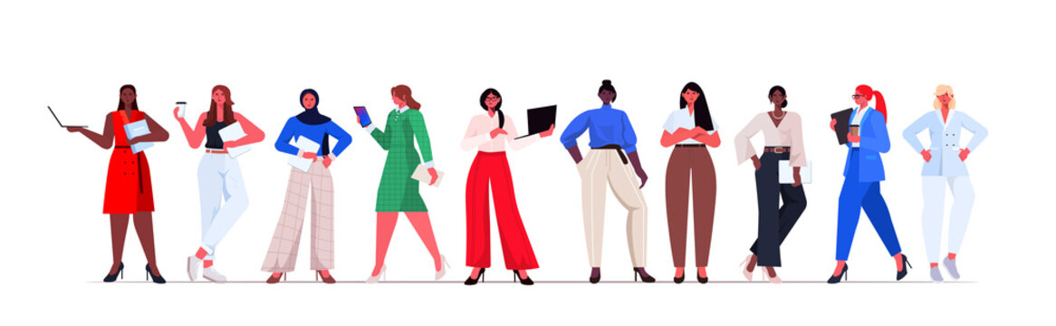 set mix race businesswomen in formal wear successful business women standing pose leadership best boss concept female office workers collection full length horizontal vector illustration