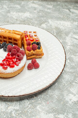 bottom close view tart and waffles with pomegranate raisin and raspberry on white oval plate on grey-white background