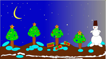 
picture of New Year's magical landscape with Christmas trees and a snowman. Gifts. Evening with a starry sky and a moon.