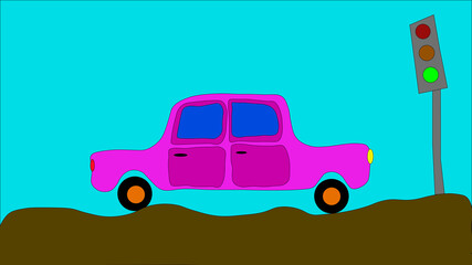 drawn pink car next to traffic light on blue background Web