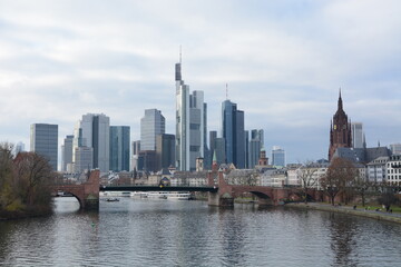 View on Frankfurts Skyline, seen from a bridge over the river Main