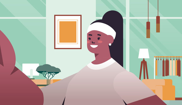 happy african american woman taking selfie on smartphone camera girl making self photo living room interior horizontal portrait vector illustration