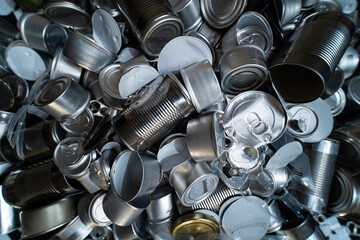 Large amount of metal tins, cans and jars for recycling. Aluminum metal food and drink sorted scraps. Steel packaging. Zero waste and recycle of domestic waste at home concept. No pollution. - 400639136