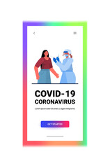 female doctor in mask taking swab test for coronavirus sample from woman patient PCR diagnostic procedure covid-19 pandemic concept portrait vertical vector illustration