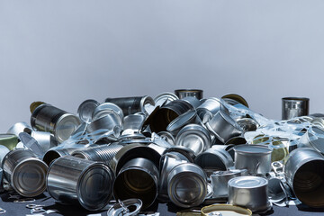 Recycle empty cans and tin. Aluminum soda cans and food jars. Sorted metal trash and garbage ready...