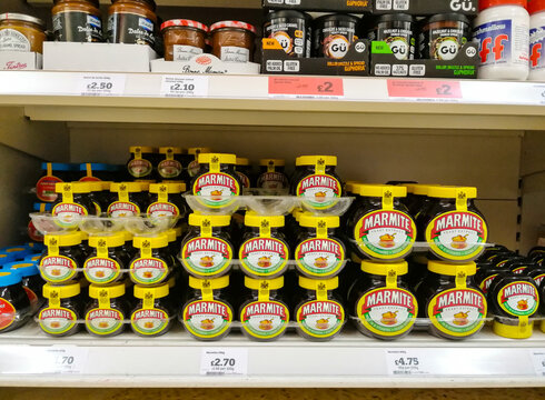 Stafford, Staffordshire / United Kingdom - September 26 2019: Marmite Spread Teast Extract On The Sainsbury's Supermarket Shelves.