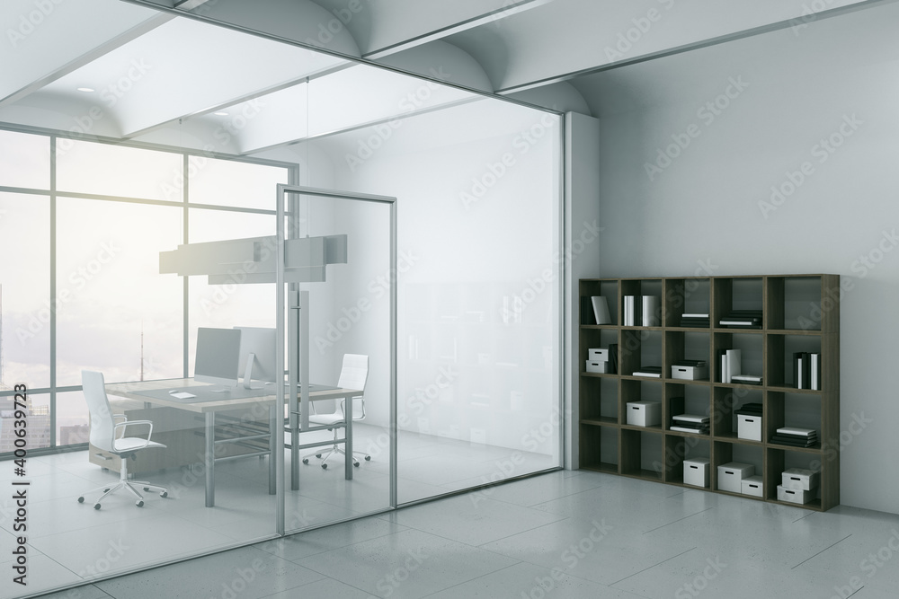 Aufkleber Panoramic workspace with computers and document in shelf.