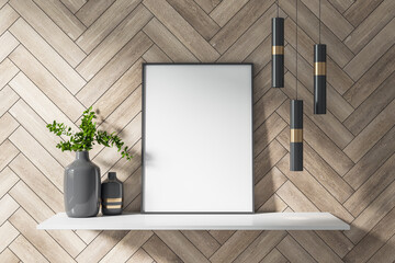 Mock up white placard frame on shelf