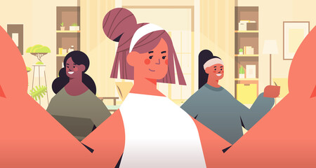 mix race girls taking selfie on smartphone camera happy women making self photo living room interior horizontal portrait vector illustration