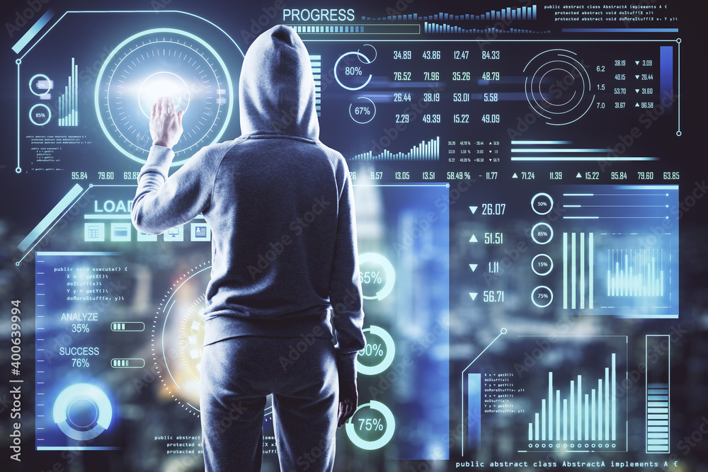Poster Hacker using glowing digital interface
