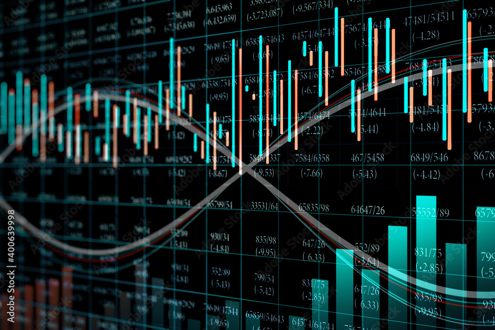 Poster Glowing stock chart with candlestick and index grid.