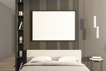 Minimalistic bedroom interior with blank banner on  wooden wall