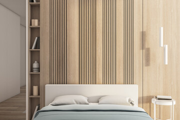 Modern bedroom interior with wooden blank wall