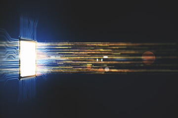 Glowing circuit chip on dark background.