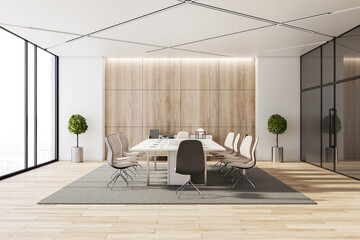 Contemporary meeting room interior with city view