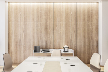 Contemporary meeting room interior with blank wooden wall.