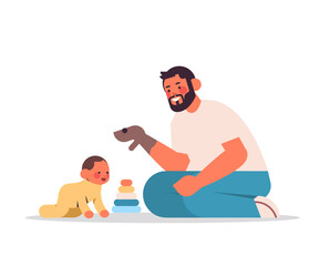 young father playing with little son fatherhood concept dad spending time with his kid full length horizontal vector illustration